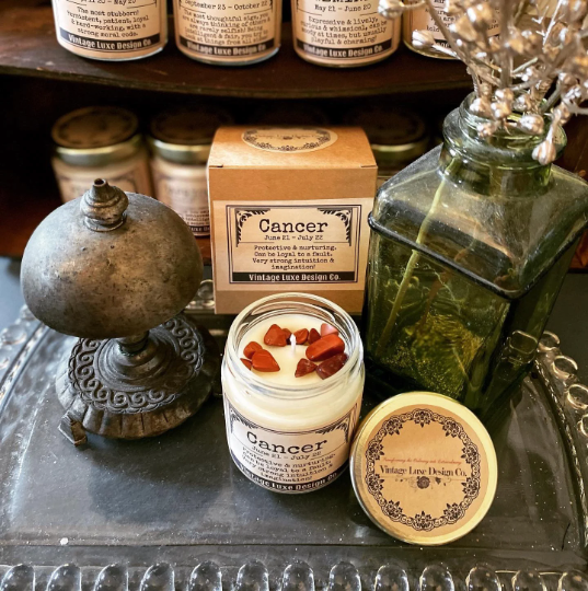 Cancer Astrology Soy Wax Candle Infused with Gemstones - Perfect for Zodiac Lover Birthdays and Gifts!