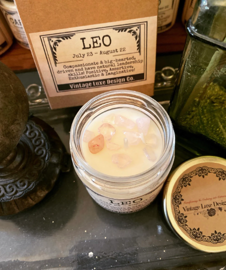 Leo Zodiac Horoscope Astrology Soy Wax Candle with Infused Crystals! Perfect Birthday Month Gift!
