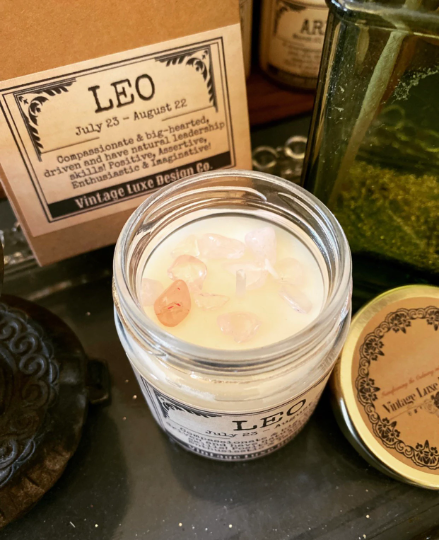 Leo Zodiac Horoscope Astrology Soy Wax Candle with Infused Crystals! Perfect Birthday Month Gift!