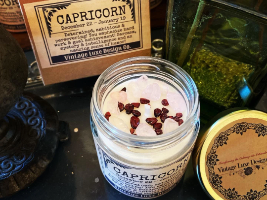 Capricorn Astrology Soy Wax Candle Infused with Crystals - Perfect for Zodiac Lover Birthdays and Gifts!