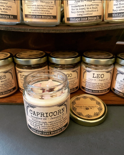 Capricorn Astrology Soy Wax Candle Infused with Crystals - Perfect for Zodiac Lover Birthdays and Gifts!