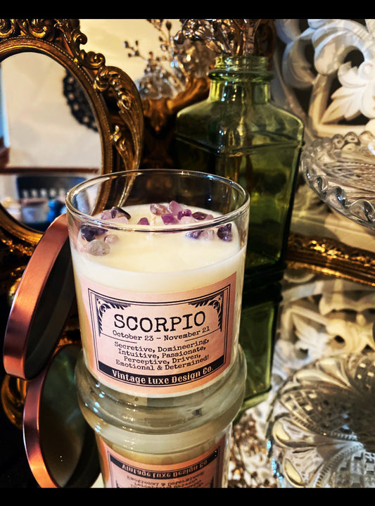 Scorpio Zodiac Soy Wax Candle with Infused Crystals – Ideal Birthday Gift for Astrology Lovers