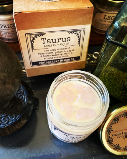 Taurus Astrology Soy Wax Candle Infused with Crystals - Perfect for Zodiac Lover Birthdays and Gifts!